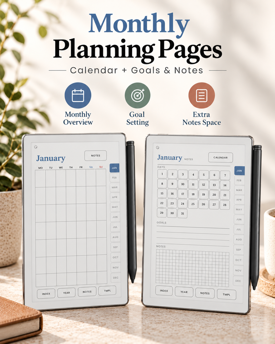 Two digital monthly planning page templates shown on tablet screens with stylus pens, displayed on a tabletop with marketing text reading 'Monthly Planning Pages' and feature icons for monthly overview, goal setting, and extra notes space.