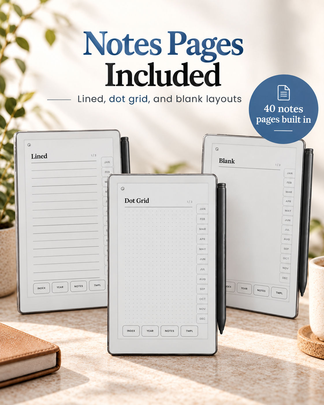 Three white digital tablet-style note pages with stylus pens are arranged on a tabletop in a softly lit setting. Large text reads 'Notes Pages Included' with smaller text describing lined, dot grid, and blank layouts, plus a blue badge stating '40 notes pages built in.