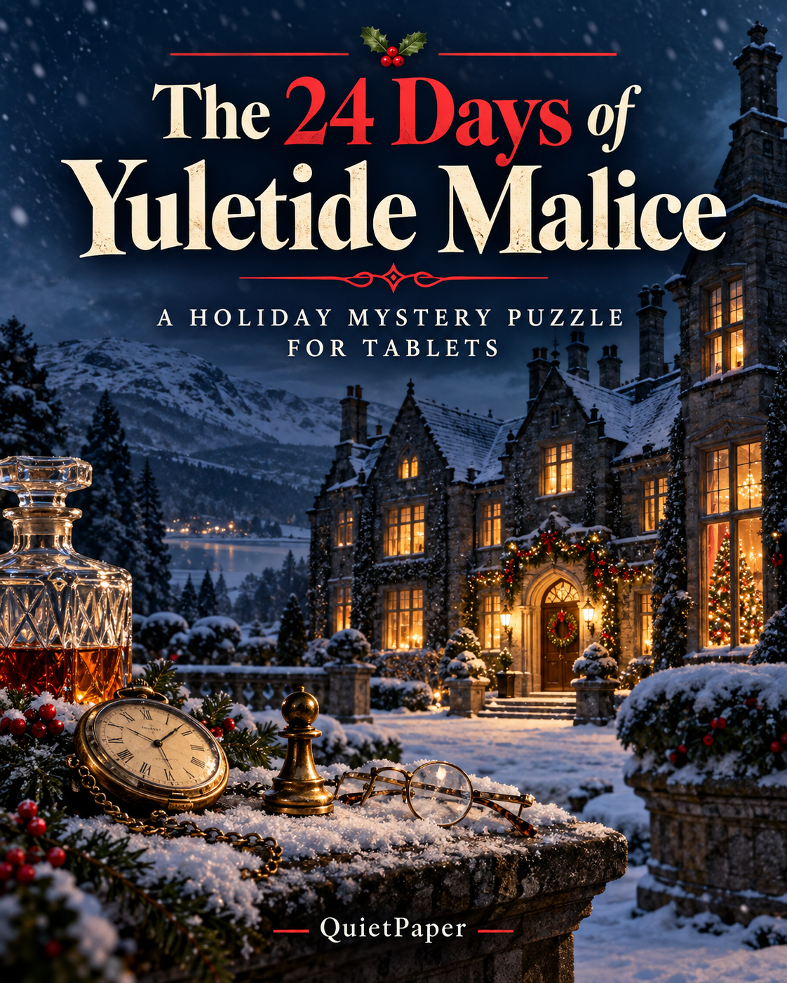 Book cover for 'The 24 Days of Yuletide Malice' by QuietPaper, featuring a snowy night scene of a grand holiday mansion with glowing windows, alongside festive props like a pocket watch, glasses, and a decanter in the foreground.