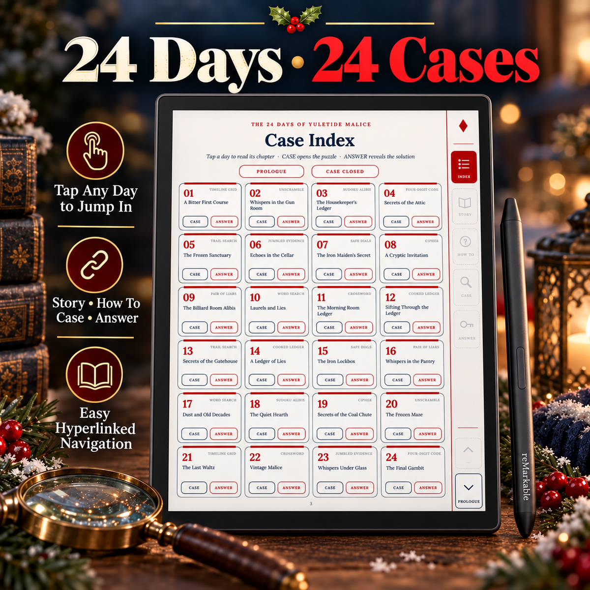 A digital product mockup showing a tablet with a '24 Days • 24 Cases' holiday-themed case index screen, surrounded by festive props including a magnifying glass, stylus, and holiday decorations. 