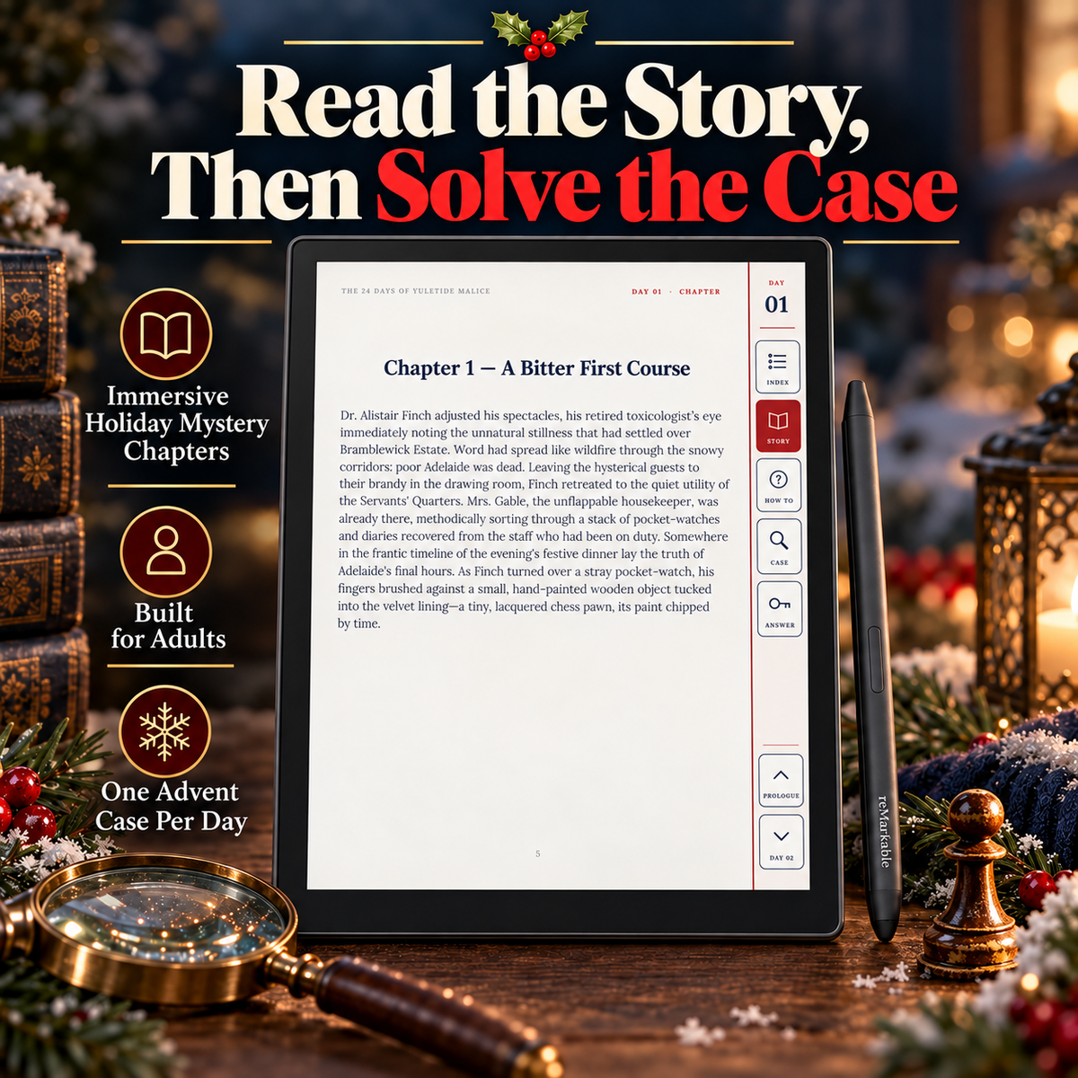 A digital book cover mockup for an adult mystery novel displayed on a tablet screen, surrounded by festive holiday decorations including a candle, ornaments, and a pen. Large text at the top reads 'Read the Story, Then Solve the Case' with a red 'Solve'.