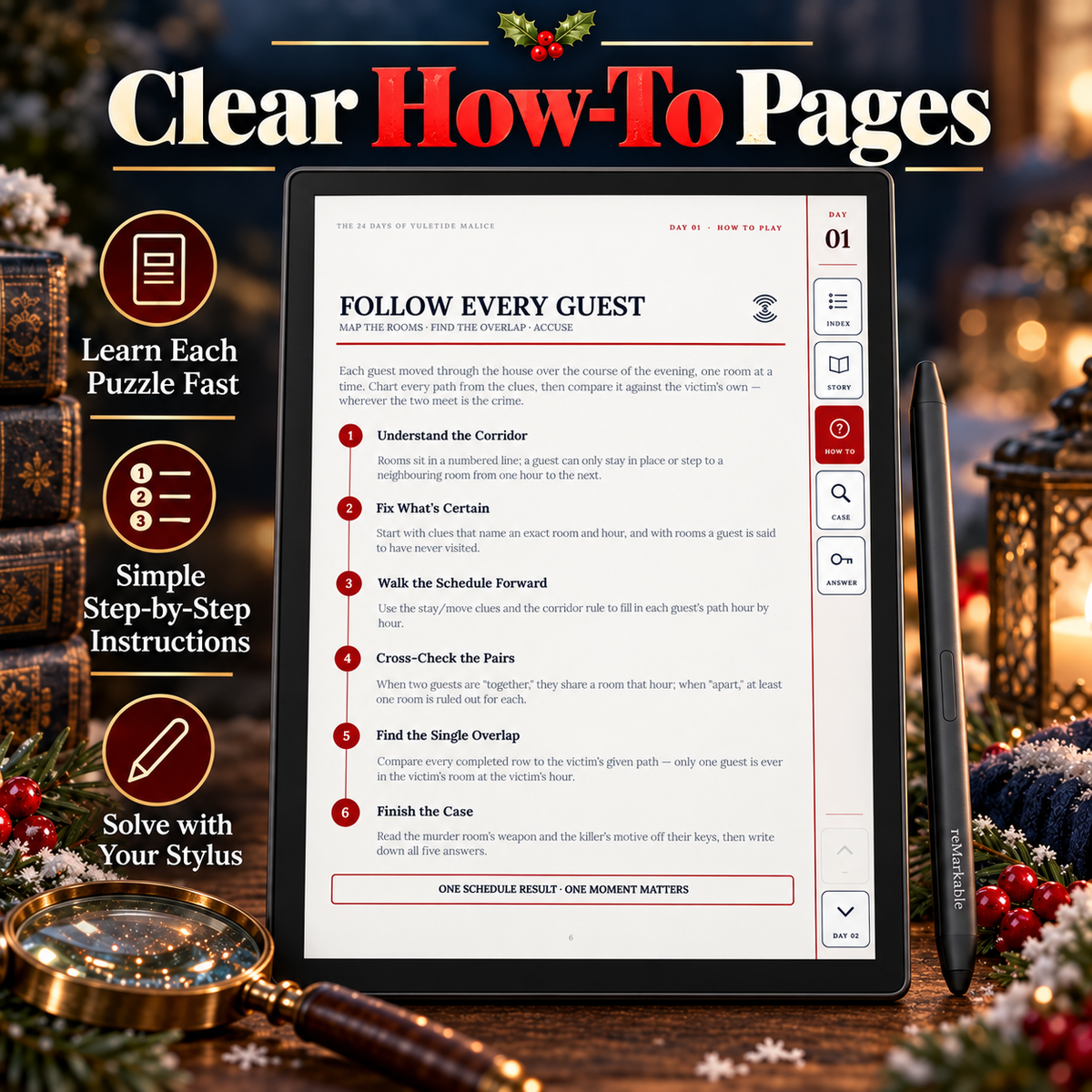 A tablet on a dark wooden table showing a clear how-to page about crossword clues, surrounded by holiday decorations and promotional text reading 'Clear How-To Pages'.