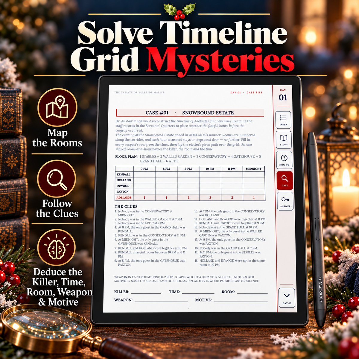 A digital printable mystery timeline grid displayed on a tablet screen, surrounded by holiday decorations including a candle, ornaments, and a gift box. The left side features three circular icons with text: 'Map the Rooms', 'Follow the Clues', and 'Deduce the Killer, Time, Room & Motive'.