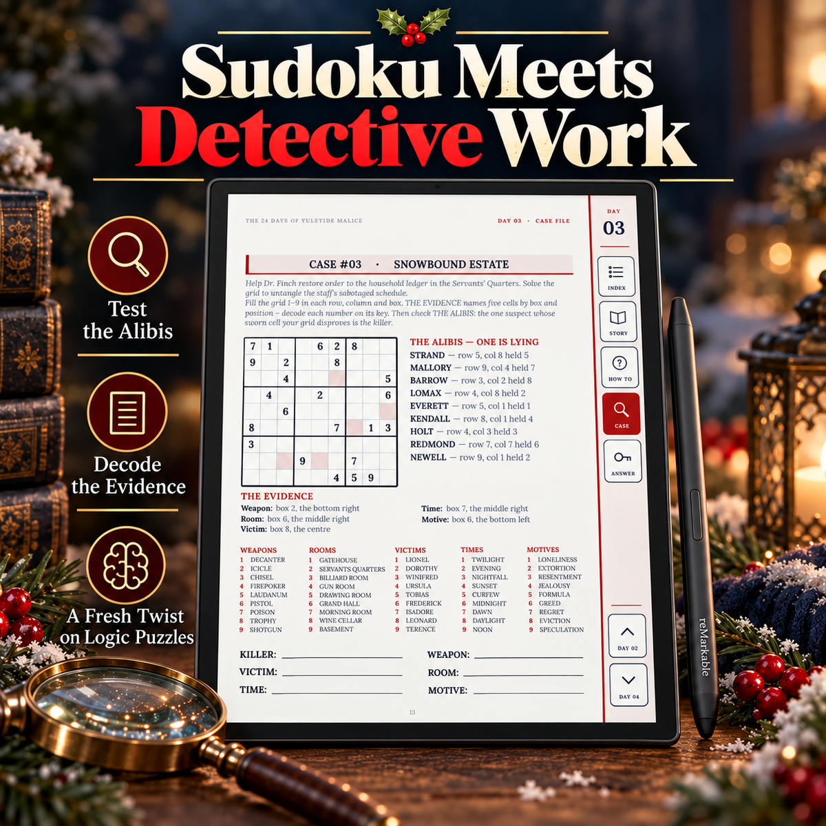 A digital mockup of a tablet displaying a Sudoku puzzle titled 'Snownside Estate' with clues and evidence sections, set against a festive holiday background with ornaments and a warm fireplace. Large text at the top reads 'Sudoku Meets Detective Work,' and three circular icons on the left say 'Test the Alibis,' 'Decode the Evidence,' and 'A Fresh Twist on Logic Puzzles.