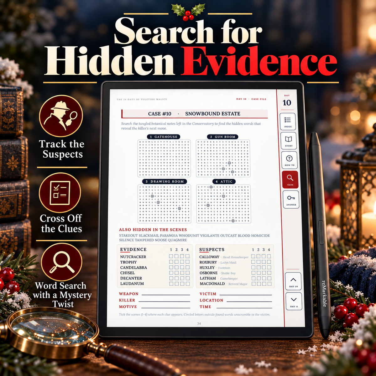 A digital game or app cover titled 'Search for Hidden Evidence' shown on a tablet screen, surrounded by festive holiday decorations including a magnifying glass, lanterns, ornaments, and a stylus. The left side features feature callouts with icons: 'Track the Suspects', 'Cross Off the Clues', and 'Word Search with a Mystery Twist'.
