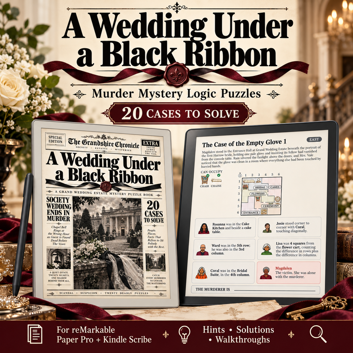 Promotional graphic for a digital or printed murder mystery puzzle book titled "A Wedding Under a Black Ribbon: Murder Mystery Logic Puzzles" with "20 Cases to Solve." 