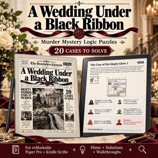 Promotional graphic for a digital or printed murder mystery puzzle book titled "A Wedding Under a Black Ribbon: Murder Mystery Logic Puzzles" with "20 Cases to Solve." 