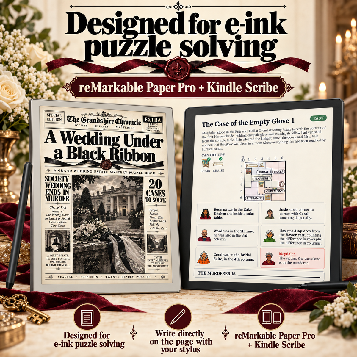Promotional graphic for reMarkable Paper Pro + Kindle Scribe e-ink puzzle solving, showing a stylus beside two screens displaying a newspaper puzzle and a clue page, with large headline text at the top and decorative interior background.