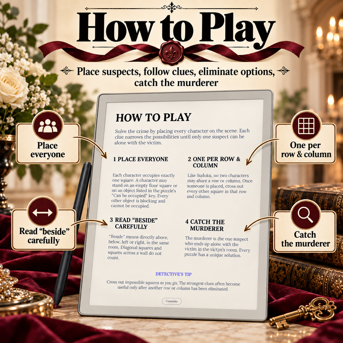 A framed 'How to Play' detective game instruction card displayed on a table, surrounded by roses, candles, and a velvet chair. The card outlines steps for placing suspects, reading clues, and catching a murderer.