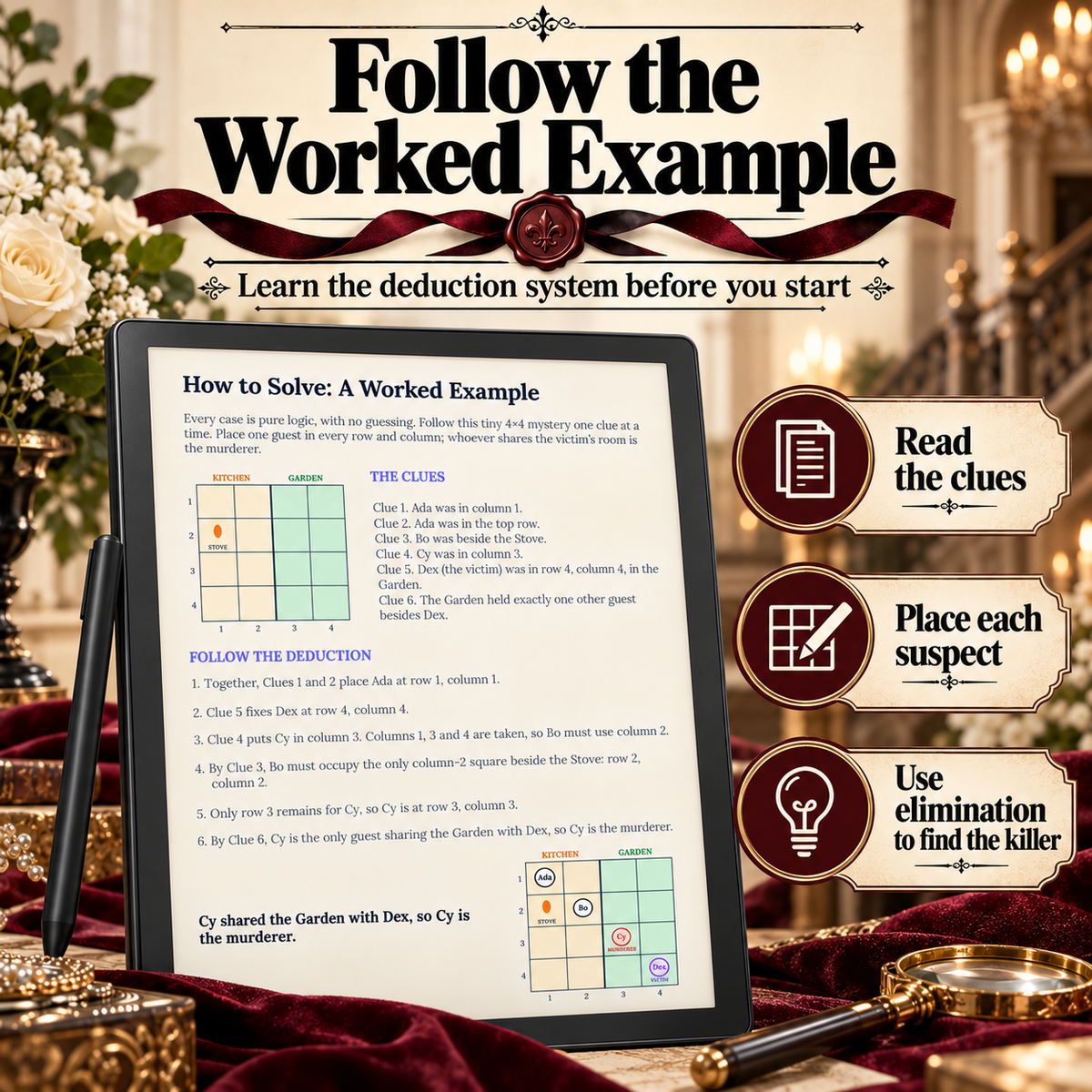A tablet displaying a logic puzzle worksheet with a grid and clues, surrounded by decorative roses and framed by callout badges explaining how to solve the worksheet. Large headline text at the top reads 'Follow the Worked Example'.