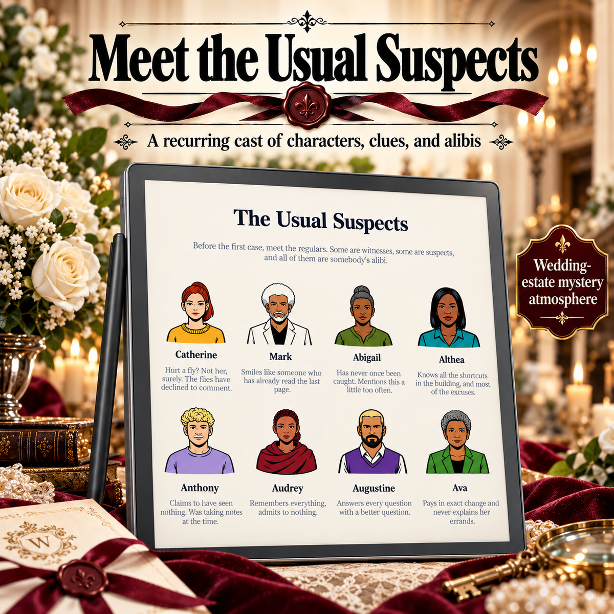 A framed poster or book cover titled "Meet the Usual Suspects" displayed on a stand in an ornate room setting. The product itself appears to be a printed mystery-themed book or poster with illustrated character portraits and text, while the surrounding flowers, drapery, and table setting function as styled background props.