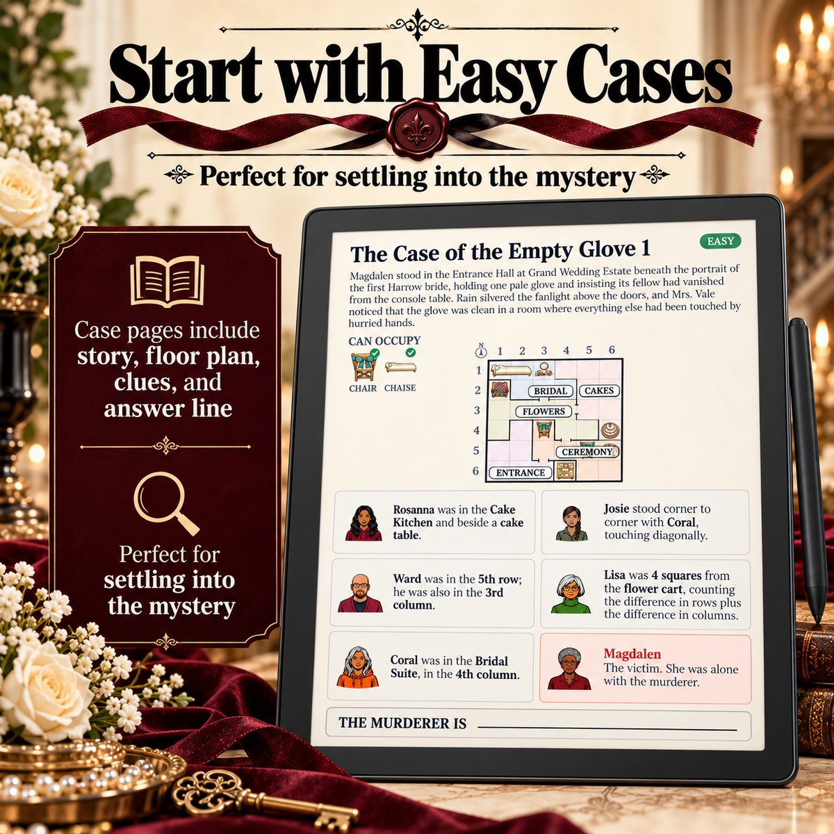 A tablet displaying a mystery puzzle case page titled 'The Case of the Empty Glove 1' on a dark promotional background with decorative gold jewelry and the headline 'Start with Easy Cases.'.