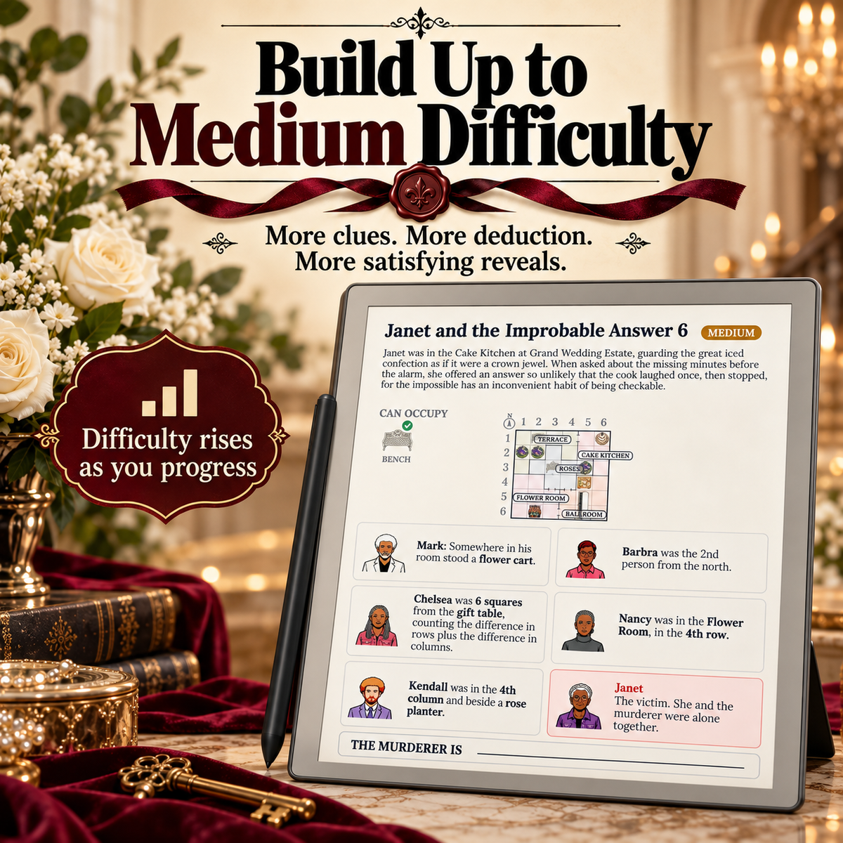 A promotional graphic for a Sudoku puzzle book or digital game, showing a tablet with a Sudoku puzzle screen and text reading 'Build Up to Medium Difficulty.' 