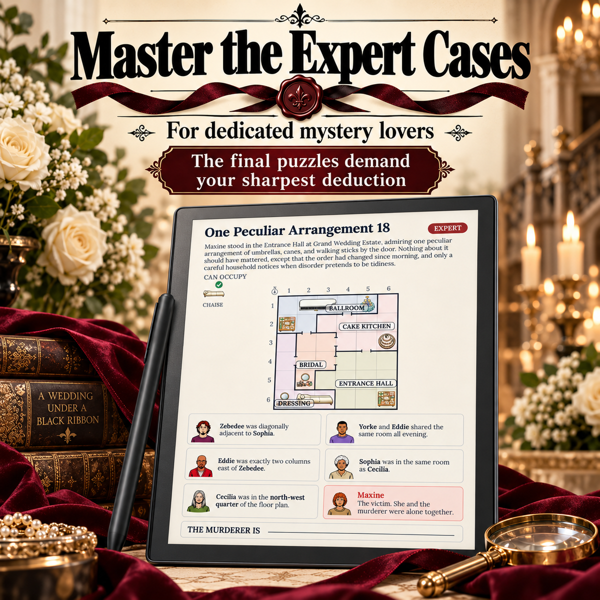 A promotional graphic for a digital mystery game or e-reader case, featuring a tablet displaying a case-solving interface titled 'One Peculiar Arrangement 18'. 