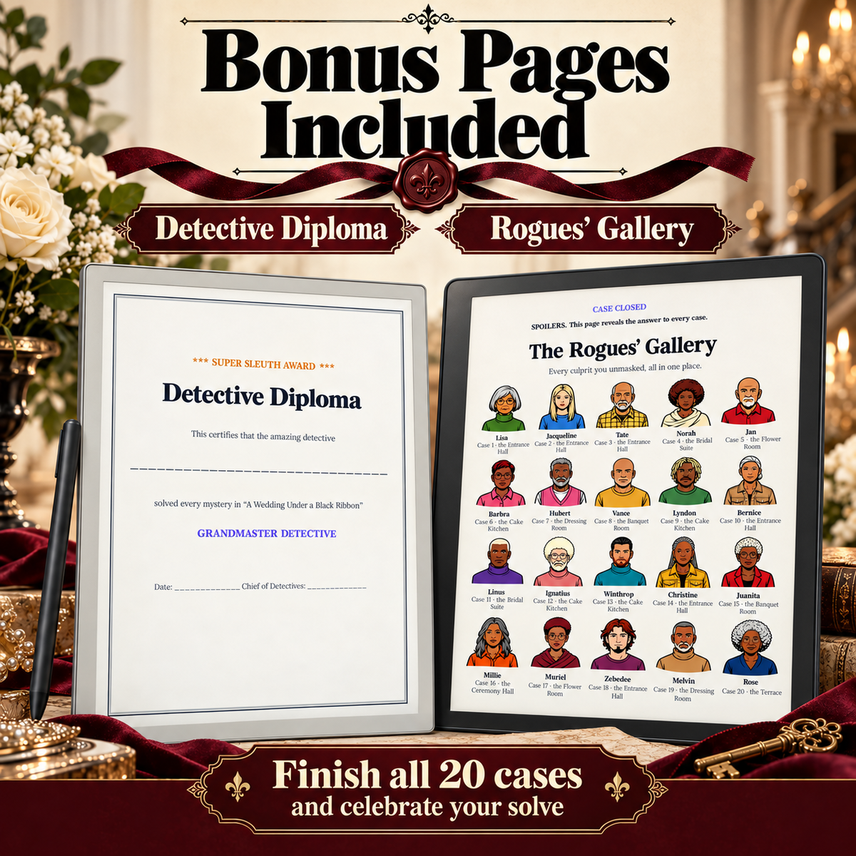Promotional graphic for a digital or printed detective-themed diploma set, showing two document pages side by side: a 'Detective Diploma' certificate and a 'Rogues' Gallery' character reference sheet. 