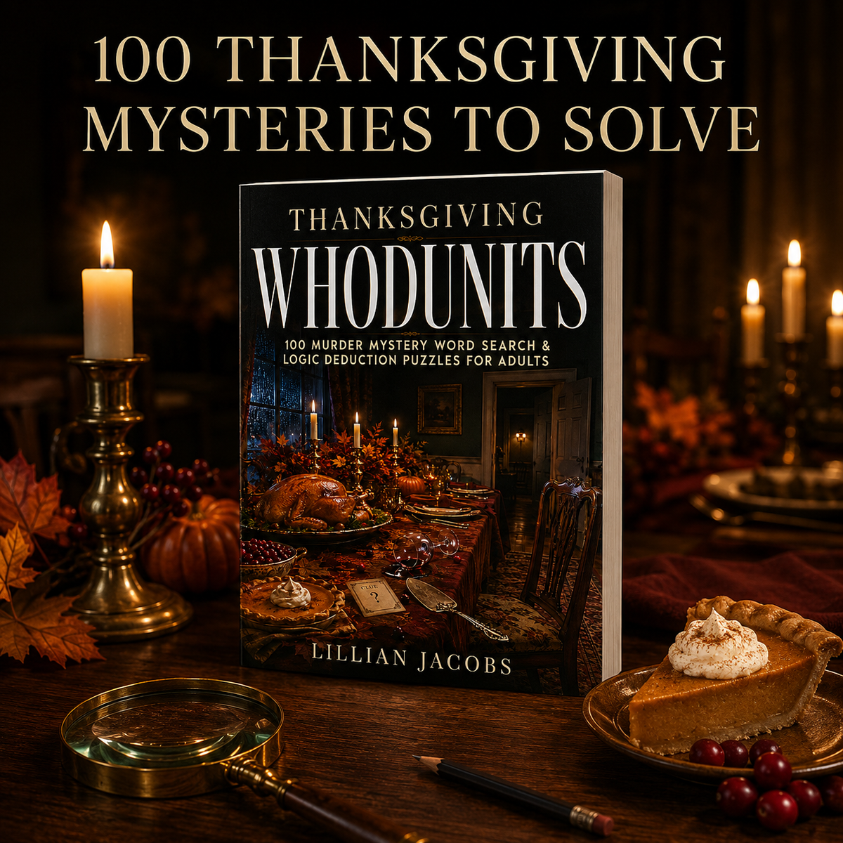 A book titled "Thanksgiving Whodunits" by Lillian Jacobs is displayed on a dark wooden table with candles,
