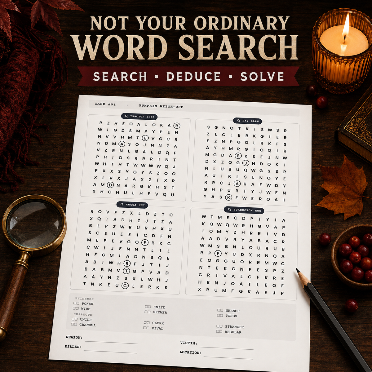 Thanksgiving Whodunits: sample word search page on a dark table, by Lillian Jacobs