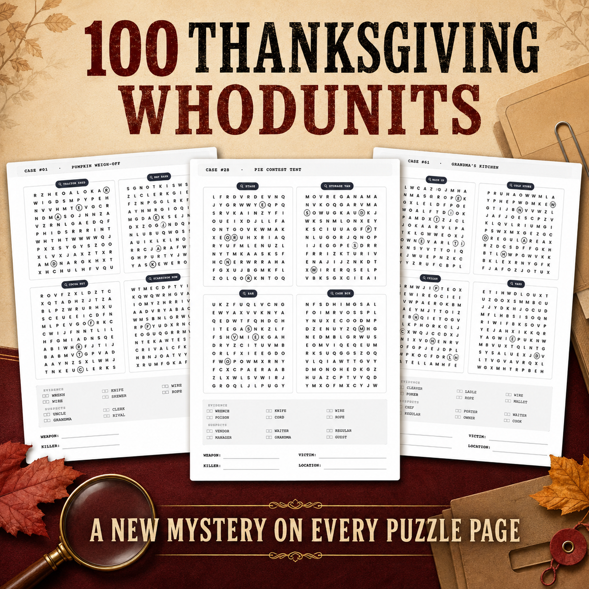 Thanksgiving Whodunits: graphic showing 100 Thanksgiving whodunit puzzle pages, by Lillian Jacobs