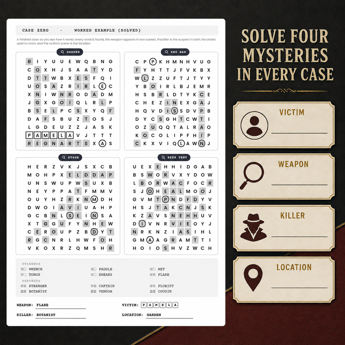 Thanksgiving Whodunits: sample word search page with four mysteries in every case, by Lillian Jacobs