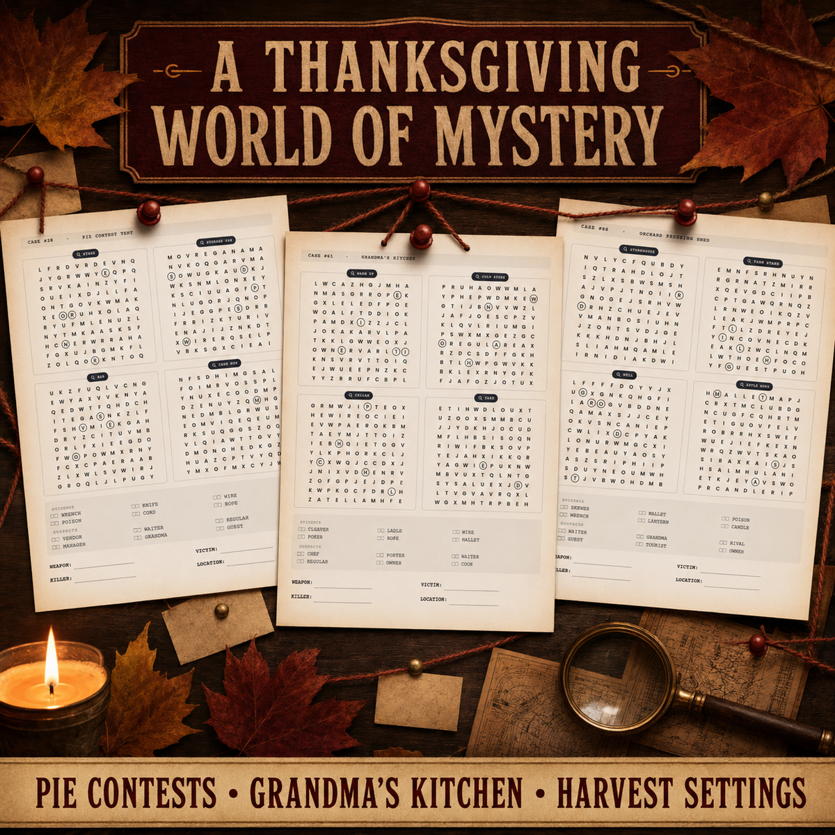 Thanksgiving Whodunits: graphic showing the Thanksgiving mystery settings with sample pages, by Lillian Jacobs