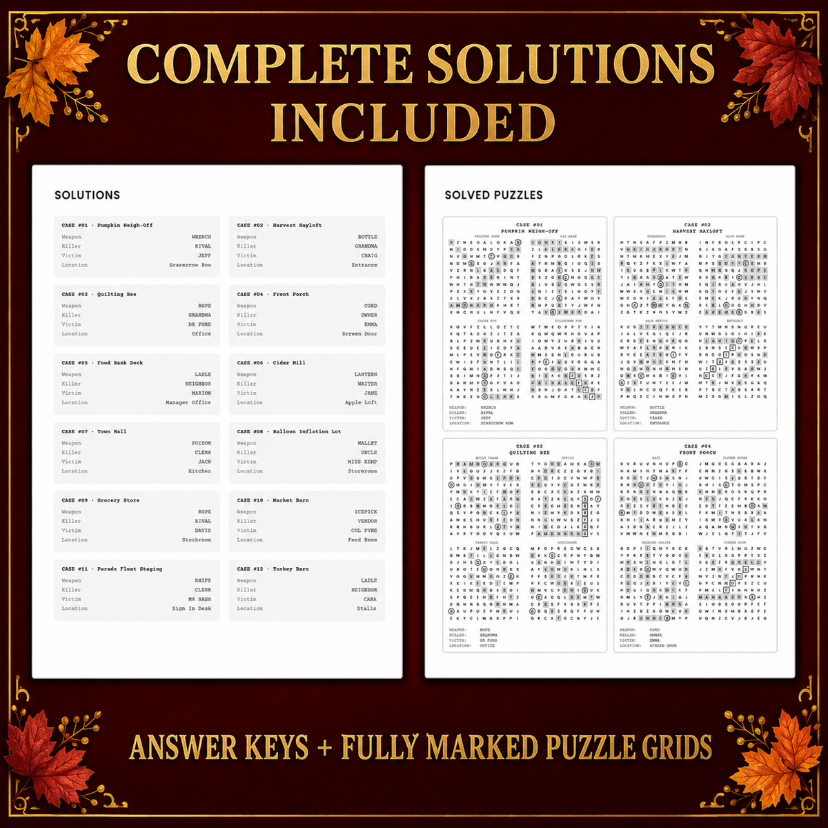 Thanksgiving Whodunits: graphic showing complete solutions are included, by Lillian Jacobs
