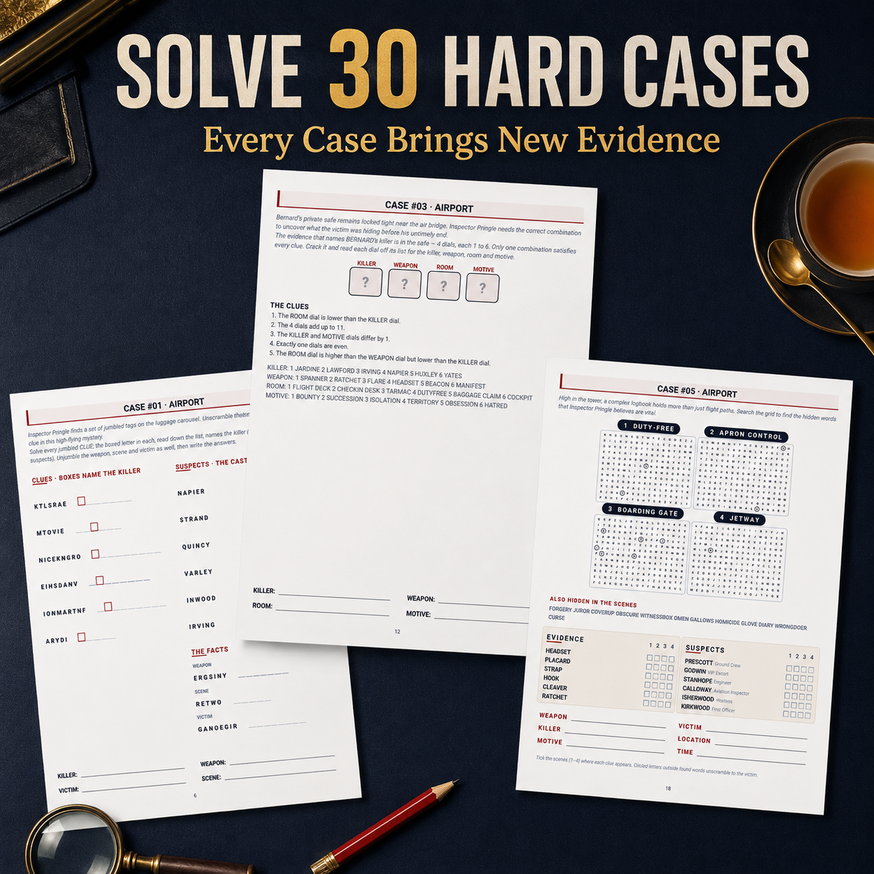 Airport Murder Mystery Puzzle Book for Adults: 30 Hard Printable Detective Cases