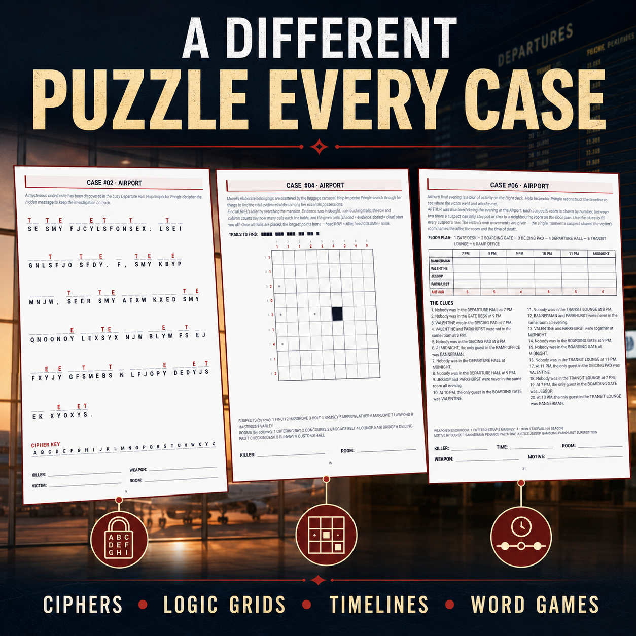 Airport Murder Mystery Puzzle Book for Adults: 30 Hard Printable Detective Cases