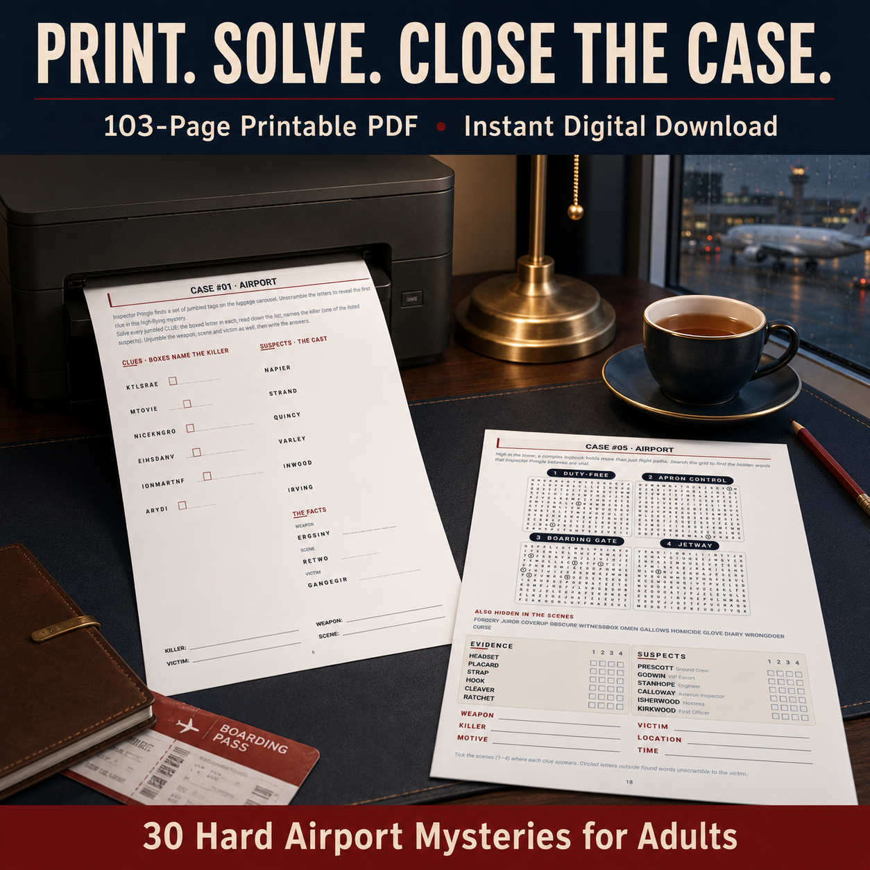 Airport Murder Mystery Puzzle Book for Adults: 30 Hard Printable Detective Cases