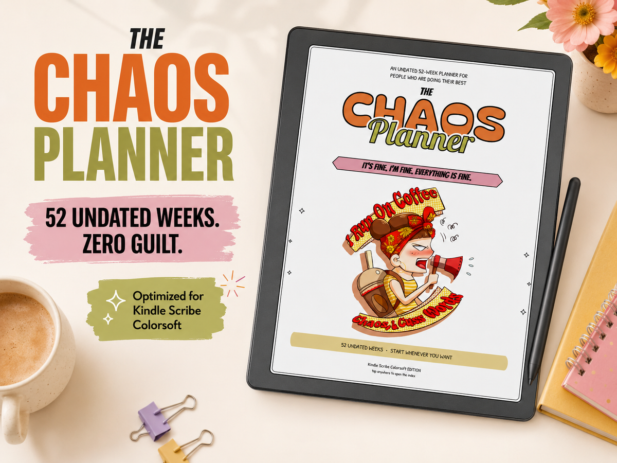 The Chaos Planner book cover displayed on a tablet screen, surrounded by a coffee cup, binder clips, a pen, and a notebook on a light beige surface. 