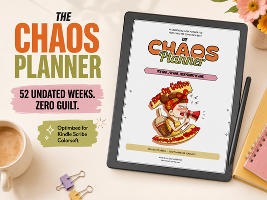The Chaos Planner book cover displayed on a tablet screen, surrounded by a coffee cup, binder clips, a pen, and a notebook on a light beige surface. 