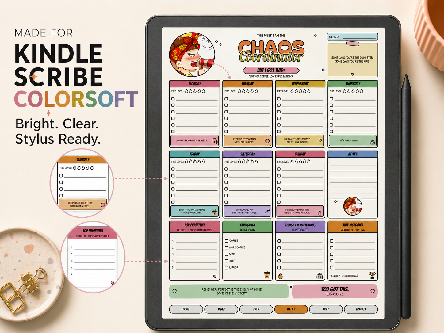 A digital planner template displayed on a tablet screen, styled with a stylus and decorative props on a warm beige background. The template features pastel-colored sections, checklist boxes, and cute cartoon illustrations.