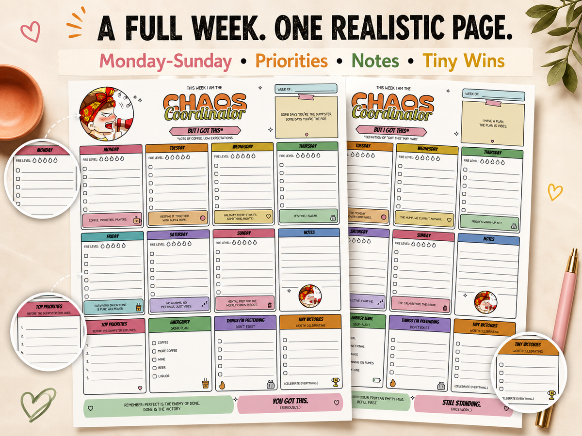 A weekly planner page set displayed on a light beige background with decorative props. 