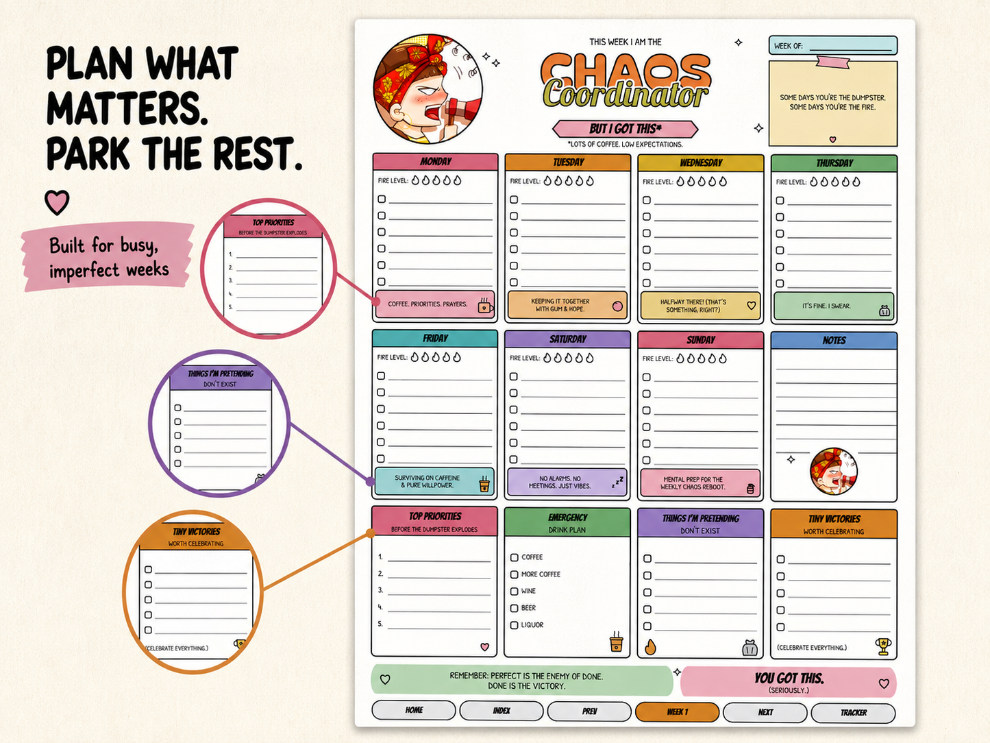 A weekly planner page titled 'The Chaos Coordinator' with multiple colored sections for daily tasks, notes, appointments, and reminders, plus callout circles and text explaining its use on a light beige background.