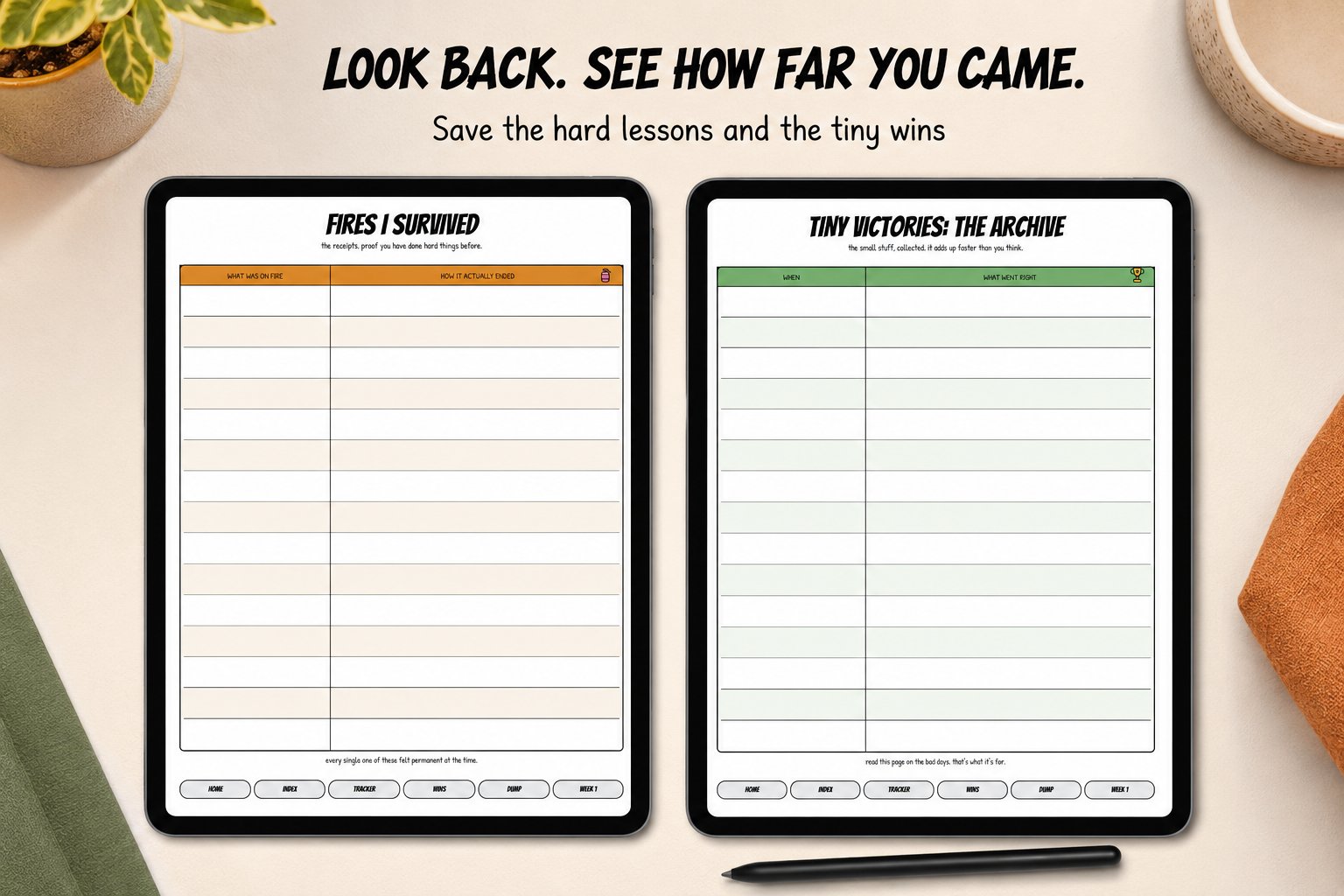 Two digital planner or journaling template screens shown on black tablet-like devices, laid on a beige surface with decorative props. The left screen has a warm orange header and the right screen has a green header.