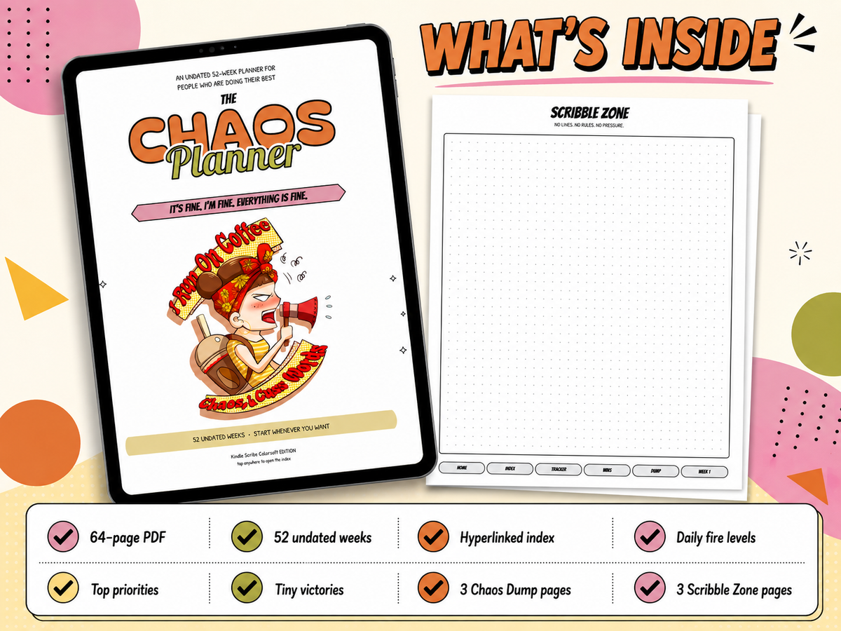 Promotional graphic for a digital planner product showing a tablet with the cover of 'The Chaos Planner' and a grid page preview, plus text reading 'WHAT'S INSIDE' and feature callouts at the bottom.