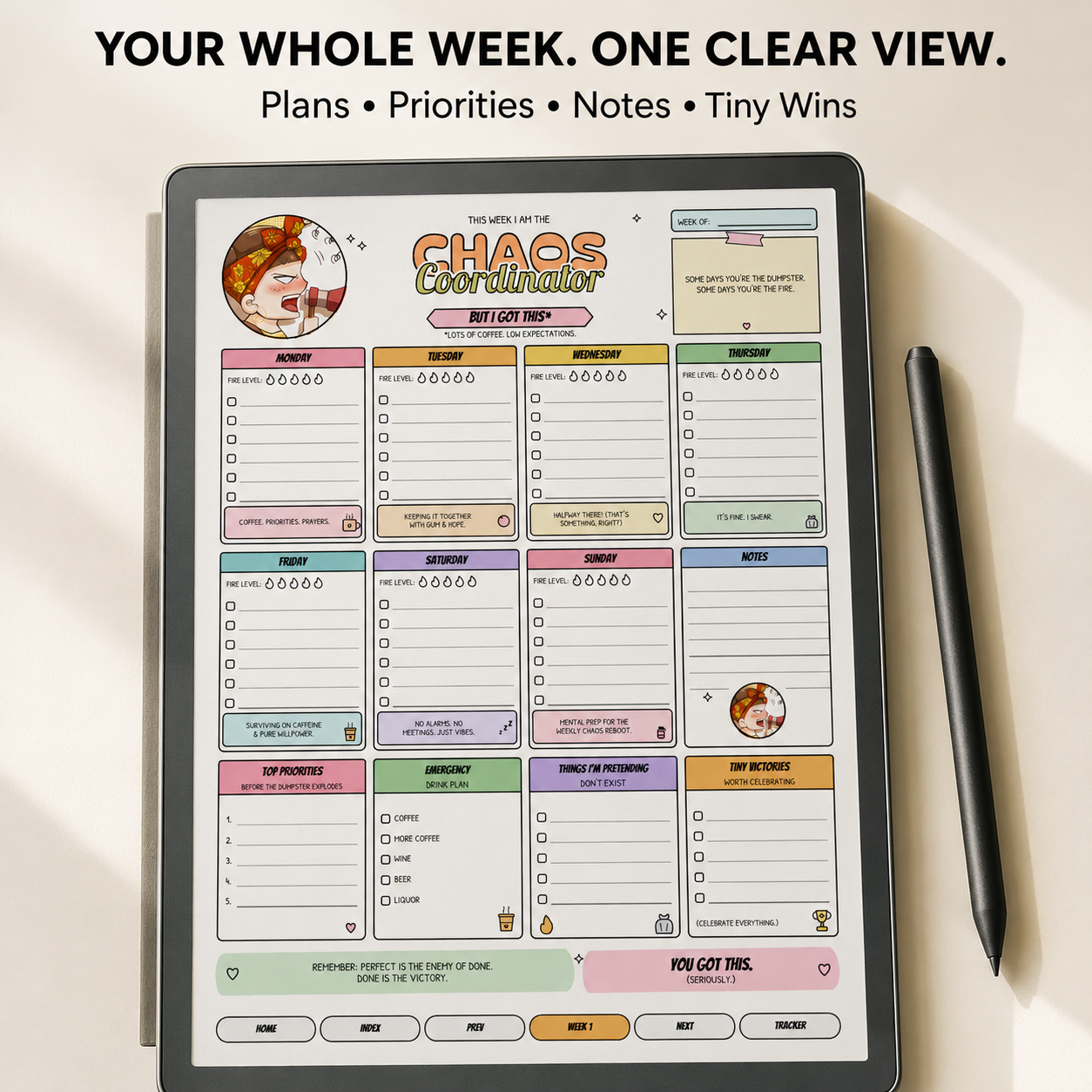 A digital weekly planner template displayed on a tablet screen, with a black stylus beside it. The planner has colorful sections for priority tasks, notes, weekly highlights, and habit tracking under the title 'CHAOS Coordinator.