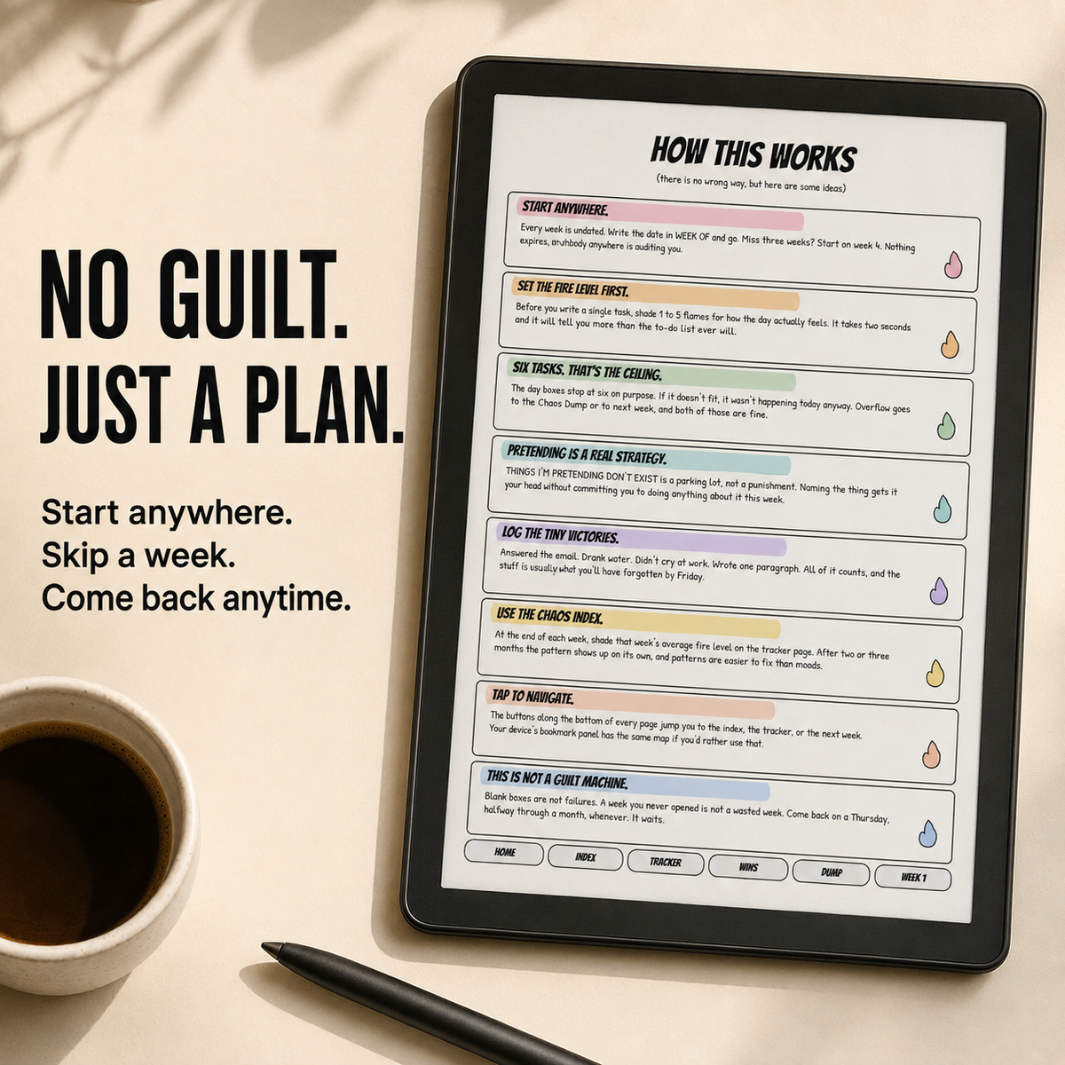 A tablet on a light beige surface displays a digital recovery plan titled 'HOW THIS WORKS' with colorful step-by-step sections. Large text on the left reads 'NO GUILT.
