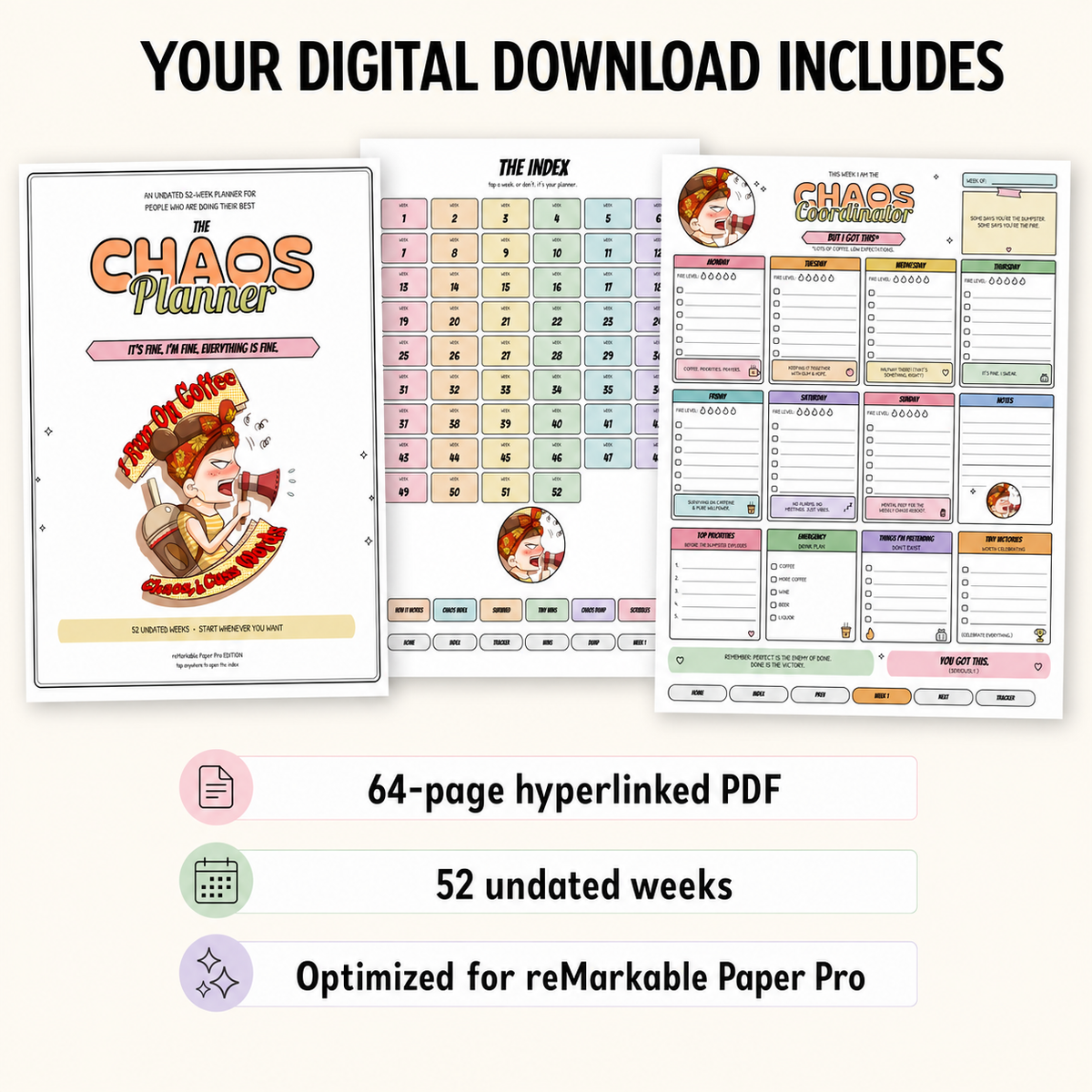 The Chaos Planner shown on a white background, with text stating the download includes a 64-page hyperlinked PDF and ReMarkable Paper Pro optimization.
