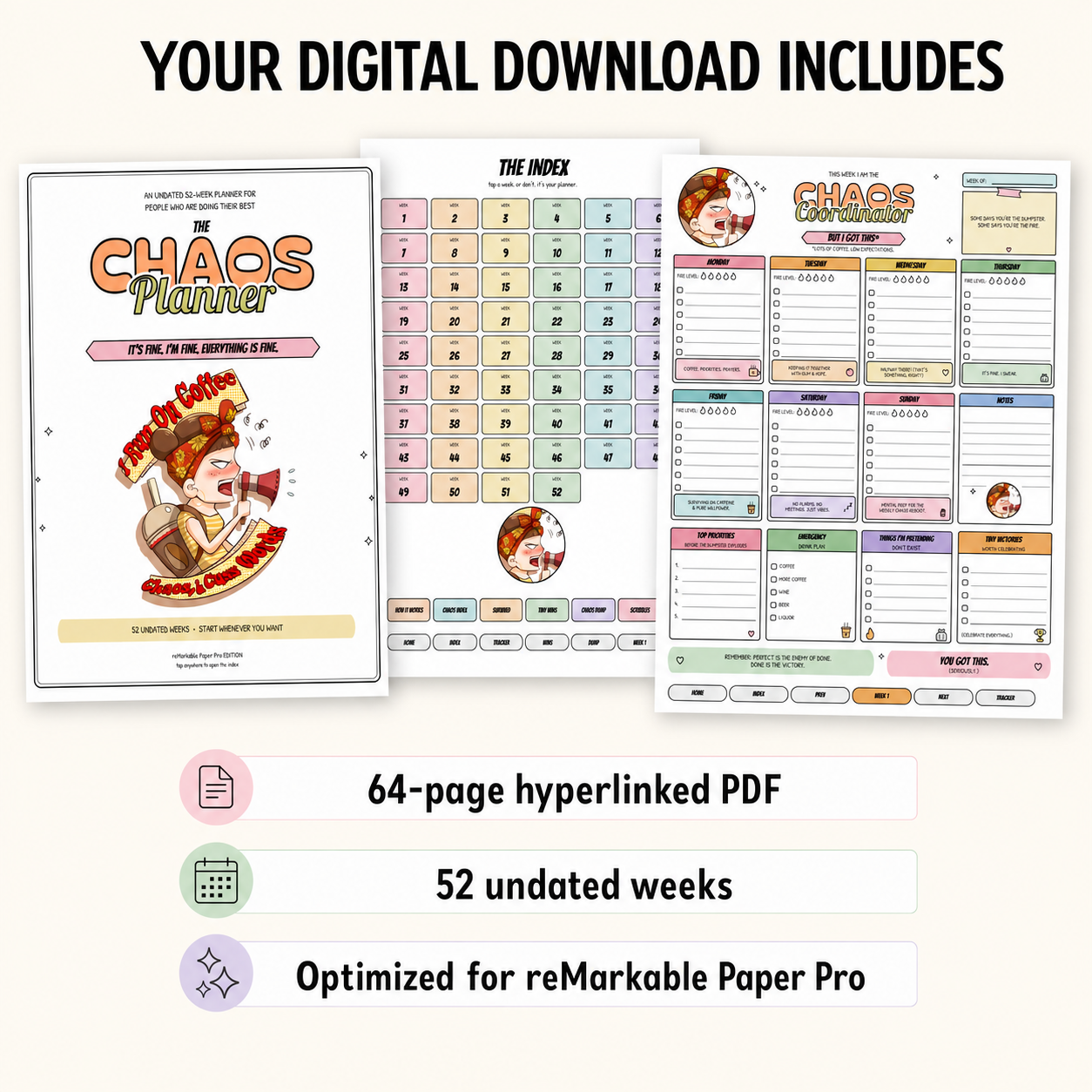 The Chaos Planner shown on a white background, with text stating the download includes a 64-page hyperlinked PDF and ReMarkable Paper Pro optimization.