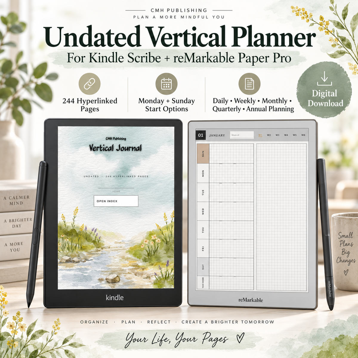 An undated vertical planner compatible with Kindle Scribe and reMarkable Paper Pro. 