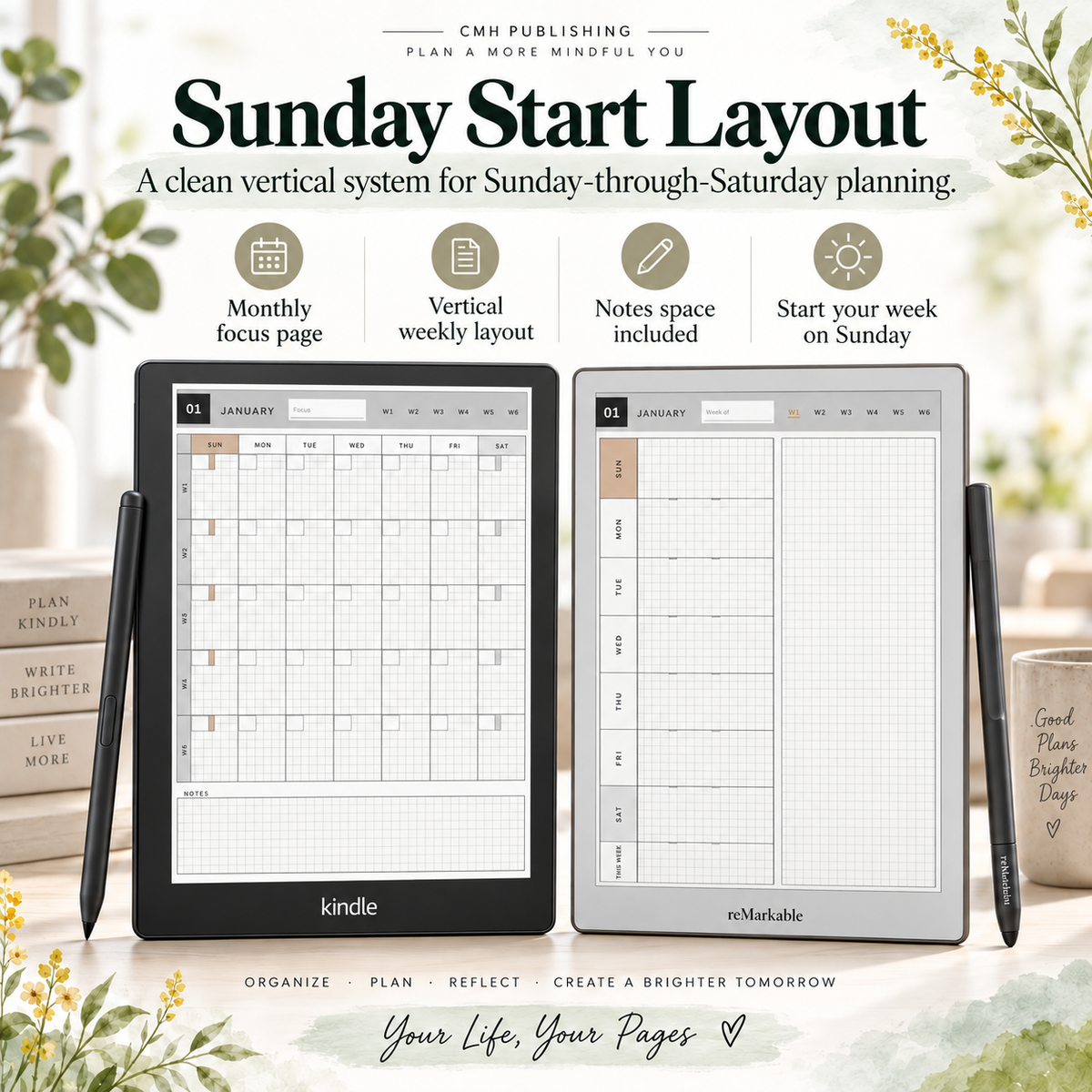 Two e-readers displaying Sunday and Saturday planning layouts, shown with stylus pens on a soft floral background. Large text reads 'Sunday Start Layout' 