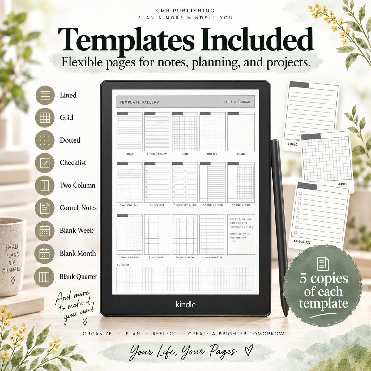 a Kindle planner template bundle by CMH Publishing. A black Kindle device displays a neutral-toned template gallery, with several sample pages shown around it.