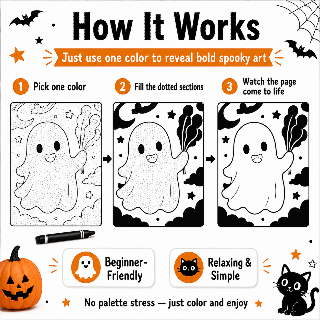 A Halloween-themed 'How It Works' infographic showing a three-step color reveal activity. The graphic explains how a simple color choice unlocks a spooky art design of a cute cartoon ghost.