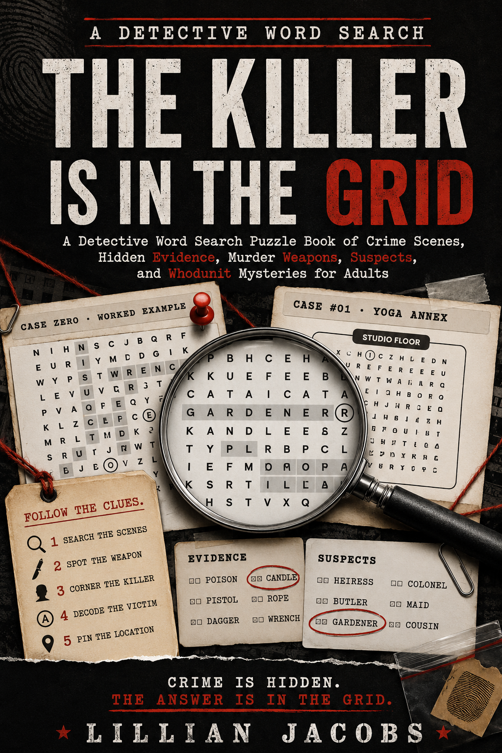 Book cover of 'The Killer is in the Grid' with a magnifying glass and word search puzzle by Lillian Jacobs