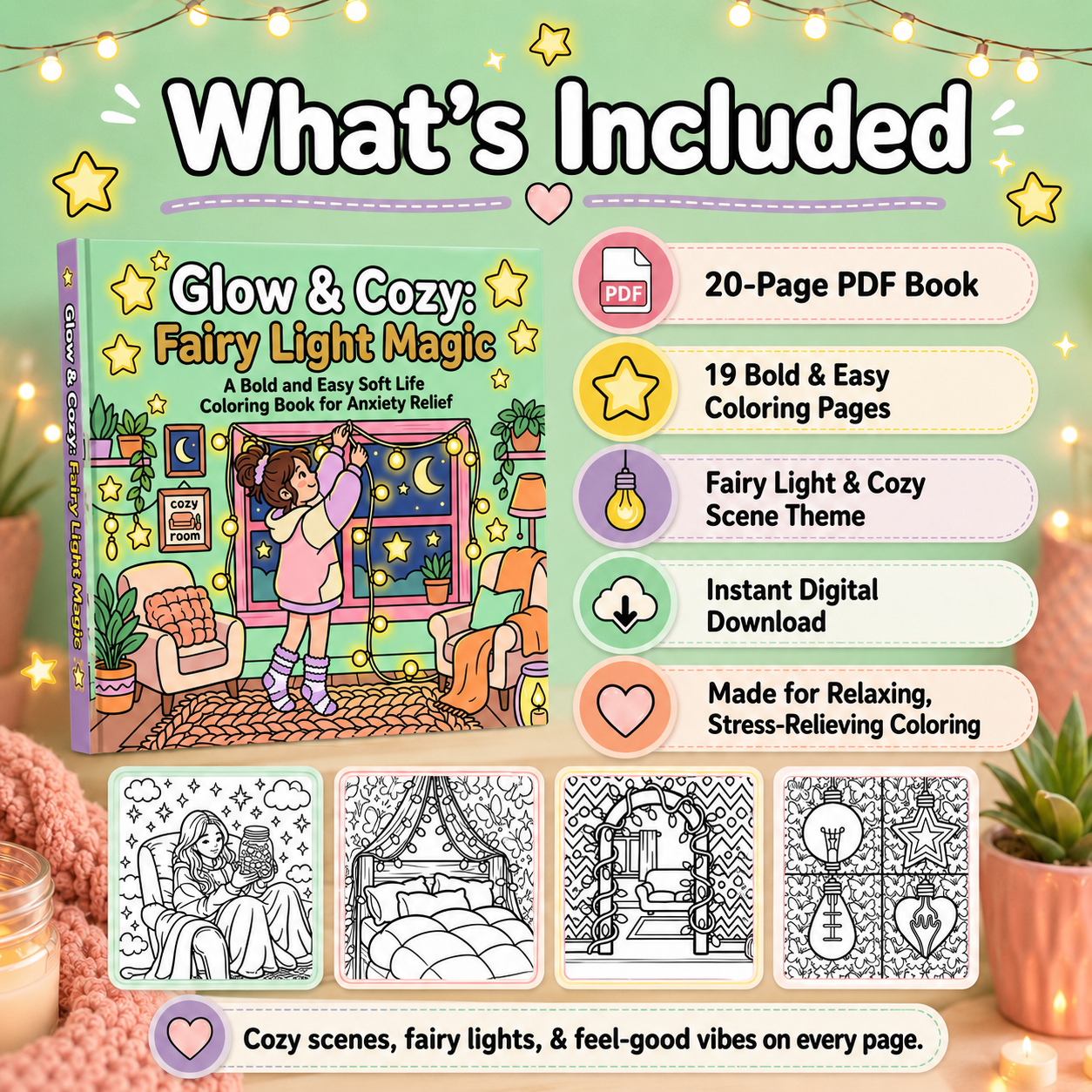 Glow & Cozy: Fairy Light Magic PDF Coloring Book