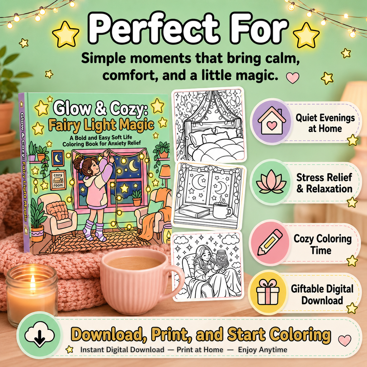 Glow & Cozy: Fairy Light Magic PDF Coloring Book