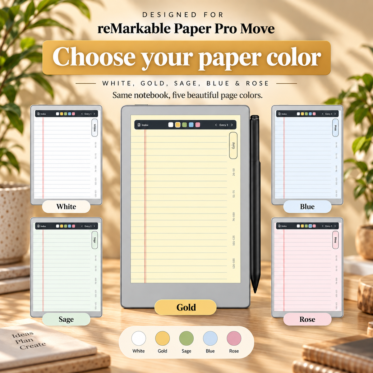 reMarkable Paper Pro Move notebooks showing the device screen with lined paper options: White, Gold, Sage, Blue, and Rose. 