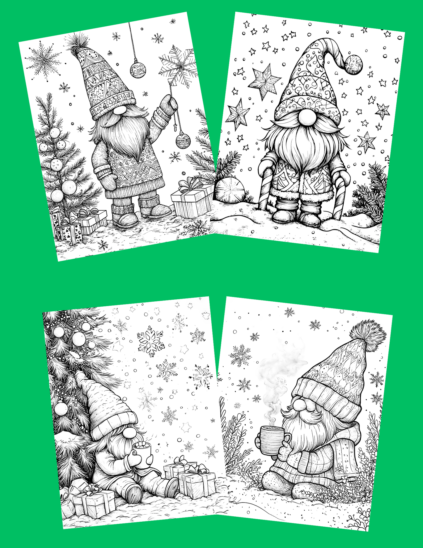 Christmas Gnomes Coloring Book | 40 Grayscale Coloring Pages Fantasy Whimsical Coloring Sheets | Instant Download Printable PDF File