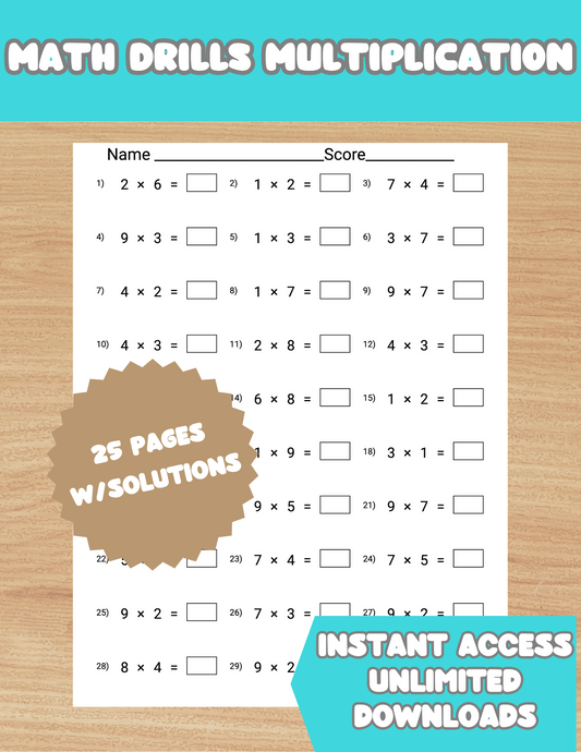 Maths Drill Multiplication Worksheets, 25 Printable Sheets Numbers 0 to 9, Practice Speed Counting, Math Homework, Solutions Provided