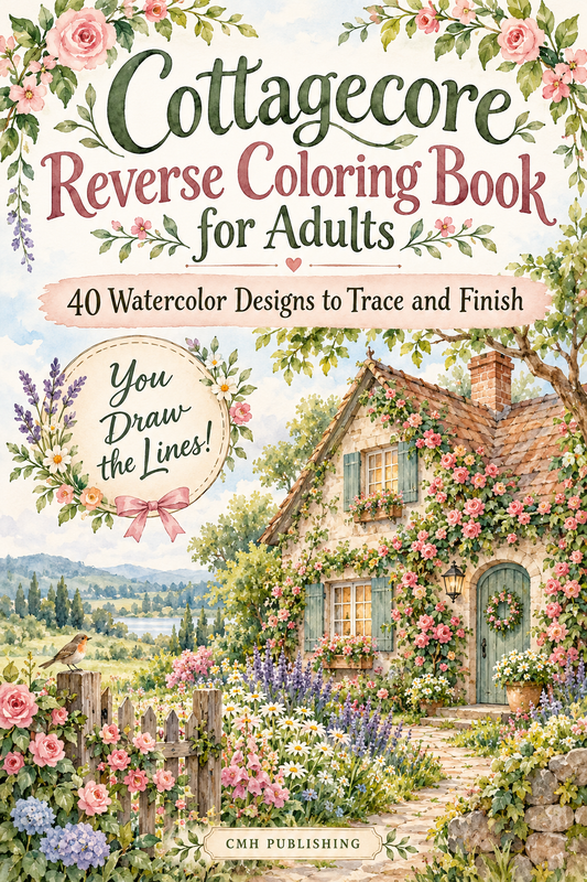 Cover of 'Cottagecore Reverse Coloring Book for Adults: 40 Watercolor Designs' — by CMH Publishing